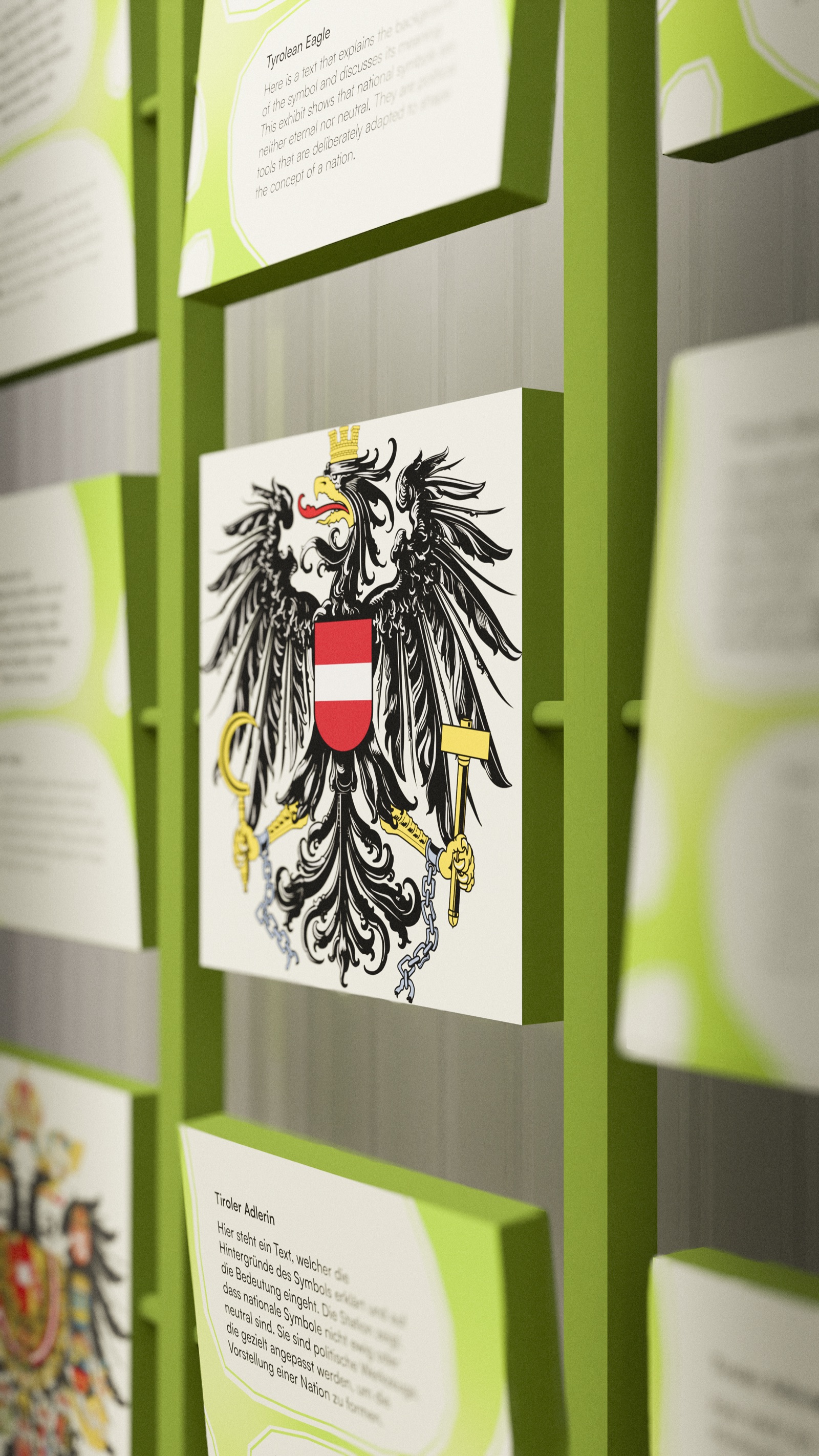 Room 3: close-up of a panel on national symbols with the Austrian coat of arms